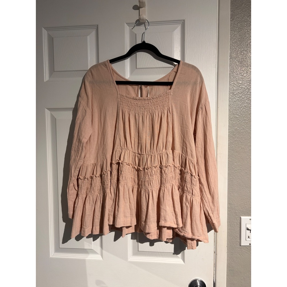 Free People Peach Pink Cotton Gauze Smocked Babydoll Blouse Top Size Small